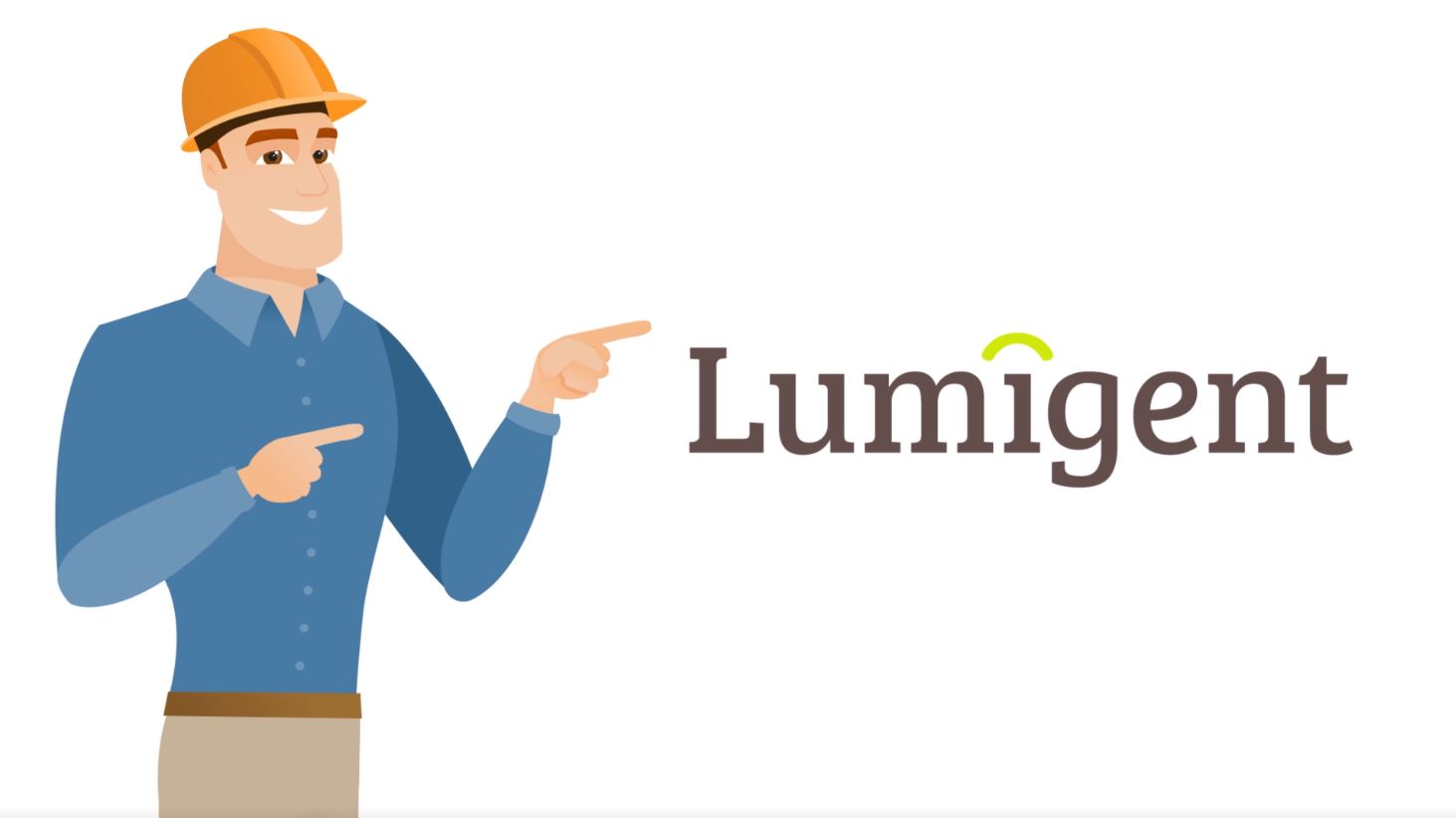 Animated man points to Lumigent logo.